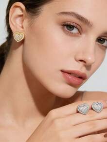 新款欧美风铜质微镶锆石心形耳钉，女士结婚周年纪念礼物 - 彩色 - 查看 11