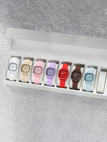 10只装女士礼品硅胶手表，时尚休闲方形表盘石英腕表组合套装（不含表盒） - 彩色 - 查看 2