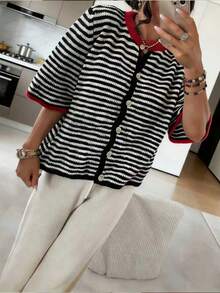 Nuevo suéter de mujer a rayas blancas y negras para primavera/verano 2026, adecuado para el Día de San Valentín y días festivos - Blanco y Negro - Ver 10