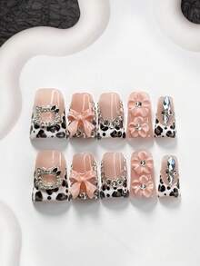10片Y2K风格甜辣手工美甲贴片，亚克力压制甲片，猫咪图案，水晶钻，粉色蝴蝶结装饰，手绘五瓣粉色花朵，水晶美甲装饰，白色法式甲片，包含美甲工具（1个果冻贴纸+1个指甲锉） - 彩色 - 查看 16