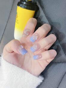 24pcs Press On Nails French Nails Y2k Blue And Pink Nails Short Coffin Ice-Clear Pearl With Diamonds Glitter 3D Butterfly Reusable Press On Acrylic Nails Fake Nails Nails Supplies Free Of 24 Pieces Of Jelly Tabs And A Mini File - Baby Blue - View 1