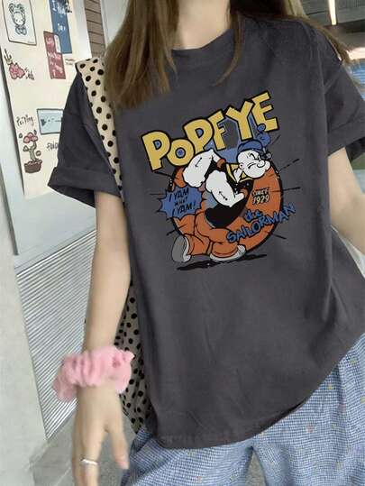 休闲宽松撞色字母卡通图案印花T恤，百搭通勤装，适合女性，春夏款