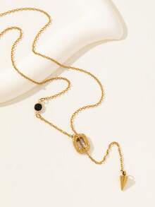 一套：2条金色不锈钢圆形蛇形链项链 + 扁平十字链黑色玻璃方形纹理锥形吊坠 - 金色 - 查看 6