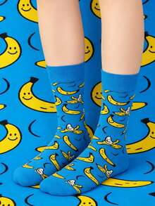 1双男女通用趣味香蕉印花中筒袜，水果图案透气吸湿袜，适合春夏穿着 - 彩色 - 查看 7