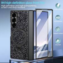 VIETAO 亮片、钻石时尚高品质闪亮电镀隐藏式圆形支架手机壳，兼容三星Galaxy Z Fold 7 6铰链全包保护手机壳，带钢化玻璃屏幕保护膜 - 黑色 - 查看 5
