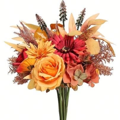 1 Bouquet Of Gold And Red Artificial Flowers, Decorative Floral Arrangement Suitable For Wedding Bridal Bouquet, Birthday Party, Dining Table Centerpiece, Indoor Spring/Summer Home Decor