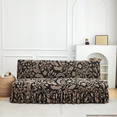 1件沙发床裙，荷叶边设计，毛绒提花叶子图案，高弹力，可机洗，家居装饰必备