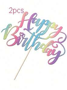 竹制生日快乐蛋糕装饰插牌，闪光装饰，无需用电，适合所有年龄段，通用节日派对用品，不含羽毛 - 彩色 - 查看 14
