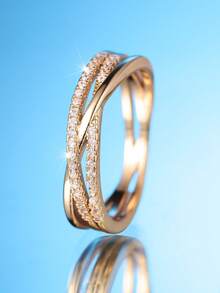 1枚创意交叉设计白色立方氧化锆镀金戒指，适合日常佩戴、情人节、派对、宴会、所有季节 - 金黃色 - 查看 6