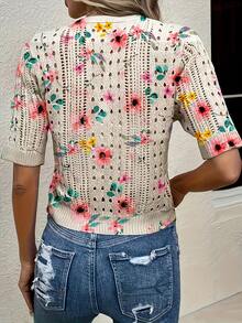 Women's Floral Print Hollow Out Short Sleeve V-Neck Knit Cardigan, Regular Fit Front Button Lightweight Top, Vacation Wear, Summer - Khaki - View 7