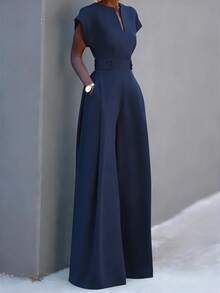 Women's New Solid Color Cutout Pocket Wide Leg Jumpsuit, Suitable For Daily, Office, Vacation In Spring & Summer - Recommend Sizing Up One Size For Slim Fit - Navy Blue - View 9