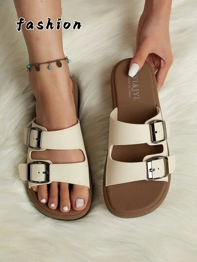 New Spring/Summer Women's Fashion Casual Double-Strap Double-Buckle Adjustable Design Breathable Non-Slip Beach/Home/Office/Walking Versatile Brown & Color Block Ladies Slippers