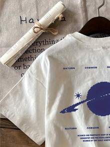 Short-Sleeved T-Shirt With Science Fiction And Fantasy Planet Print, Modern Space-Themed Design, Casual Printed Top. - White - View 4