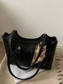 Túi xô trang trí khăn quàng cổ kiểu vintage mới năm 2026, túi xách đeo vai nữ cỡ lớn đa năng kiểu retro, phù hợp cho cả thị trường châu Âu và Mỹ. - màu đen - Xem 2