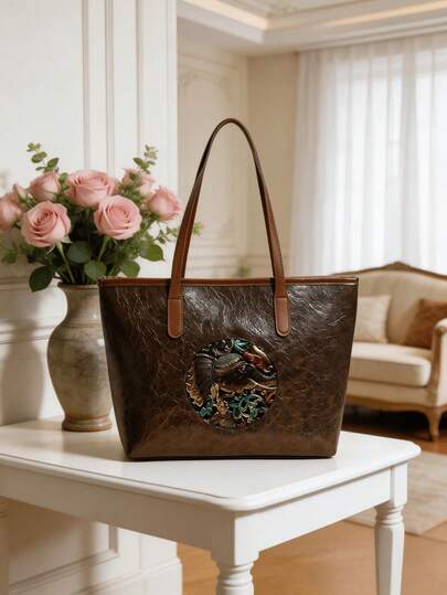 Vintage Elephant Tote Bag, Suitable For Outings And Daily Use, Middle-Aged Women's Handbag Can Hold Books, Etc., Simple And Elegant Ladies Shoulder Bag