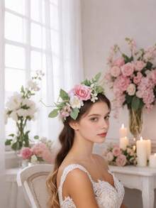 1 chiếc kẹp tóc cài bên hông kiểu Bohemian lấy cảm hứng từ thiên nhiên, làm từ hoa và cỏ giả, thích hợp cho kỳ nghỉ biển, mùa hè, đám cưới. - Hồng - Xem 2