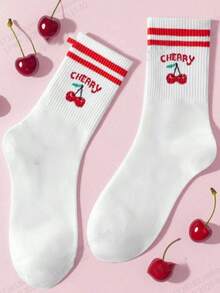 1 Pair Cherry Print Mid-Calf Socks With Colorful Striped Ribbed Details, Soft & Durable Material, Essential For Autumn, Designed For Women - Red - View 4