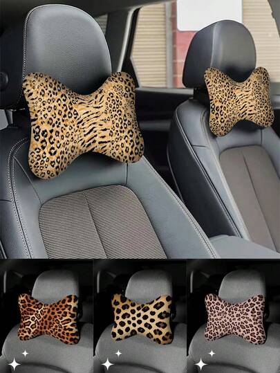 1pc/2pcs Leopard Print Car Headrest Cover, Vehicle Neck Pillow, Car Interior Accessories, Suitable For All Seasons
