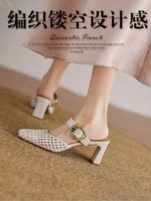 2026 New Woven Leather Closed Toe High Heel Sandals, Women Summer Slip-On Mules - Beige - View 6