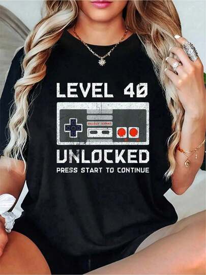 Basic Cotton T-Shirt, Relaxed Fit Crew Neck T-Shirt, 100% Cotton, 40th Birthday Gift, Level 40 Unlocked Gamer T-Shirt, Wrinkle-Resistant Stretch Everyday T-Shirt, Stretch Slim Fit