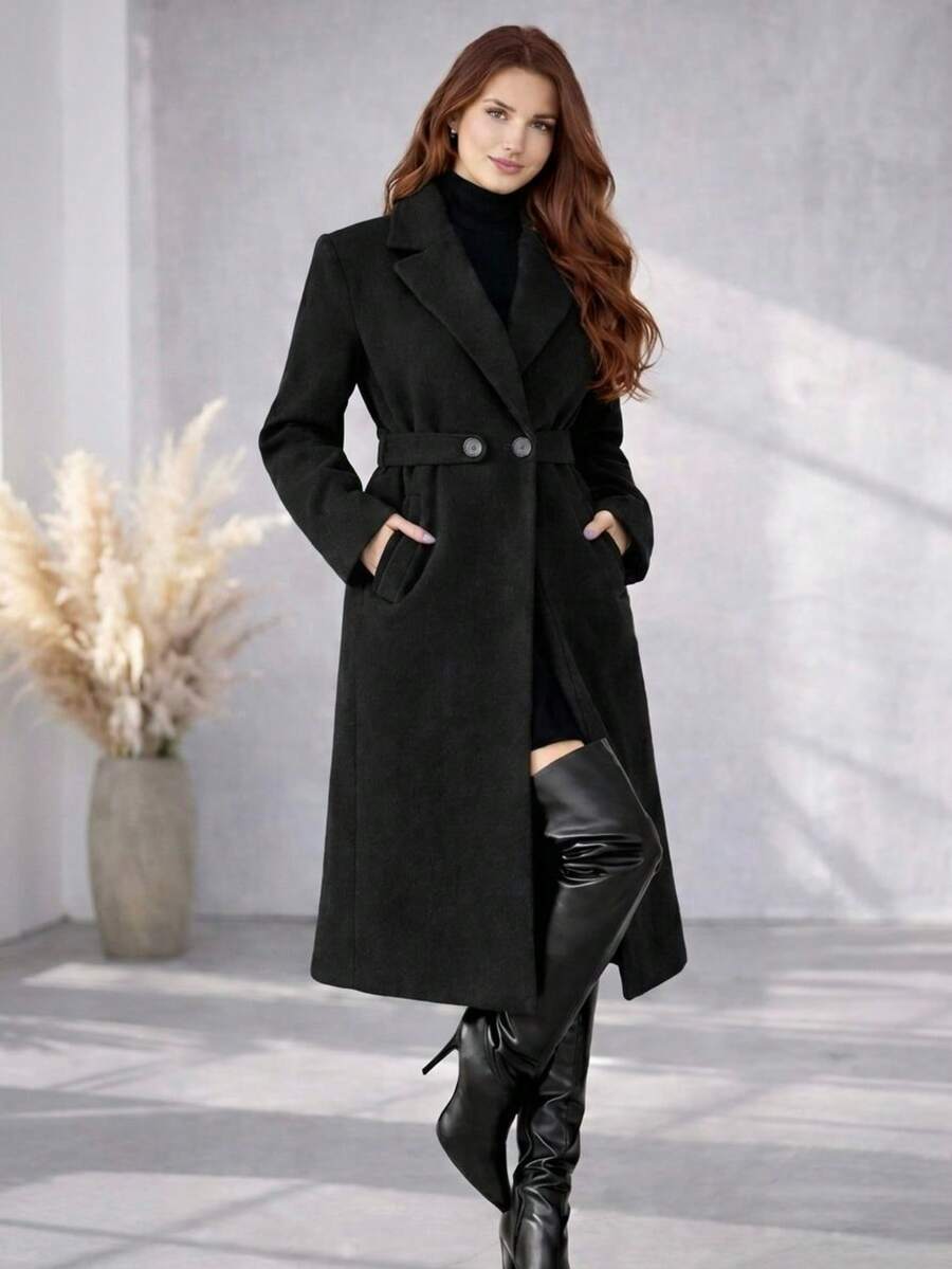 Women's Elegant Luxury La Batida Overcoat With Waist Belt, Autumn/Winter Style, For Women, Cold Weather Clothing, Brown, Black, Beige - 黑色 - 查看 1