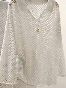 女士白色针织罩衫，镂空设计，夏季沙滩装，日常百搭 - 白色 - 查看 2