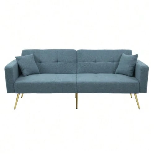 Sofa Bed With Adjustable Incline, Gold Legs, Cushions And Side Storage Pockets - Navy Blue - View 1