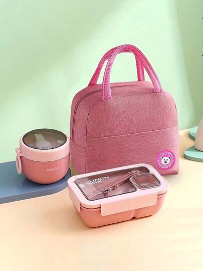 3pcs Heart-Shaped Leaf Insulated Lunch Box Set, Includes 850ml Breakfast Cup And Microwave- Plastic Bento Box, Rectangular Portable Lunch Bag, Suitable For Food Storage And Outdoor, Student Lunch Bag