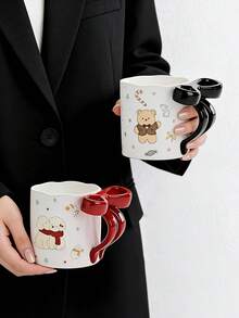 1 pieza Taza de cerámica creativa y linda con lazo 3D pintado a mano con esmalte, taza hecha a mano personalizada, regalo para amigos y novias, adecuada para oficina, hogar, cafetería, pastelería - Multicolor - Ver 10