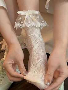 1双夏季薄款“安妮野玫瑰”蕾丝长筒袜，纯色性感蕾丝中筒袜，镂空叠层设计 - 彩色 - 查看 2