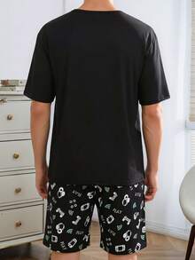 男士夏季休闲两件套睡衣，圆领，字母卡通印花 - 黑色 - 查看 3