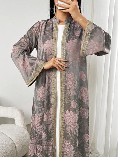 Women's Mandarin Collar Long Sleeve Vintage Satin Jacquard Cardigan,Contrast Gold Trim Elegant Party Kimono,Luxury Long Abaya&Jalabiya,Birthday Outfits,Graduation Outfit,Wedding Party Outfit,Summer Vacation Outfits