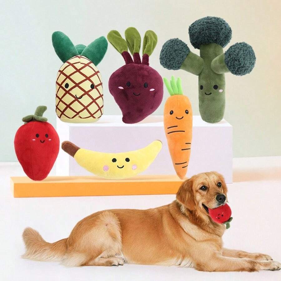 Plush Fruit & Vegetable Pet Chew Squeaky Toys, Interactive Self-Entertainment Early Education Dog Toys, Dog Boredom Relief Doll Set, Intelligent Interactive Plush Toys - Multicolor - View 1