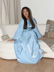 1pc Women's Dubai Solid Color Long Round Neck Batwing Sleeve Dress With Soft Satin Finish, Suitable For Daily Life, Festivals, Parties And Evening Events - Light Blue - View 5