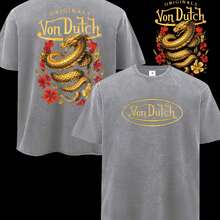 Men Gray Washed Casual Streetwear Brand 100 Percent Cotton T Shirt Dragon And Flowers Print With Vons Dutchs Text For Everyday Wear Outdoors | Front And Back Print | Vintage Heavyweight Tee | Perfect Gift | Loose Comfortable Breathable | Machine Washable Fabric | Hip Hop Cool Style | Drippy Clothes | Y2K - 灰色 - 查看 2