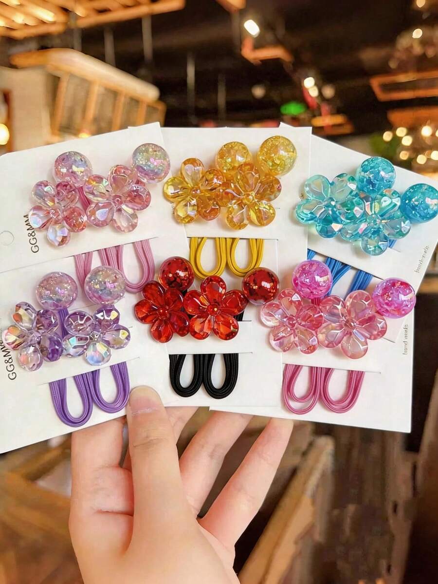 6个装 女孩甜美可爱闪亮五瓣花弹力发圈，发绳 - 彩色 - 查看 1
