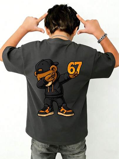 Tween Boy- 67 Number Cartoon Print T-Shirt, Suitable For Boys' Street, Campus, Event, Daily Wear, Fashionable Summer Top