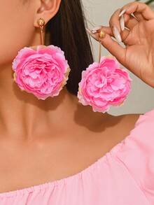 1对夸张3D几何布艺花朵耳环（女士款） - 彩色 - 查看 2