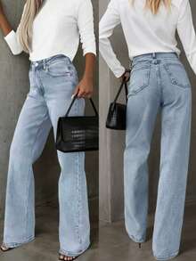 Women's Casual Versatile Straight Leg Jeans With Pockets Spring - Light Wash - View 3