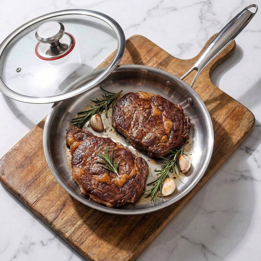 1 pieza Sartén antiadherente de acero inoxidable de 3 capas, apta para todo tipo de cocinas, calentamiento rápido y uniforme, sartén para panqueques, compatible con cocina de inducción, utensilios de cocina, wok, apta para lavavajillas, sartén antiadherente, sartén pequeña, sartén antiadherente con tapa, olla de cocina, sartén con panal, utensilios de cocina modernos, sartén de moda, sartén de alta calidad, utensilios de cocina duraderos, menaje de cocina multifuncional, sartén antiadherente, uso profesional de chef, cocina diaria, hogar y vida, cocina y comedor, utensilios y piezas de cocina - Ver 1