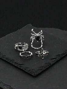 Bộ 4 chiếc nhẫn hình nhện màu đen Gothic cổ điển, đính đá giả, kiểu dáng Gothic cá nhân hóa với họa tiết giọt dầu, hình thánh giá và bướm, dành cho nữ. - Bạc - Xem 4