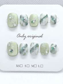 10 piezas de uñas postizas ovaladas cortas de ojo de gato de acrílico verde hechas a mano, puntas de uñas de cobertura completa, adecuadas para mujeres y niñas para manicura DIY - Verde - Ver 1