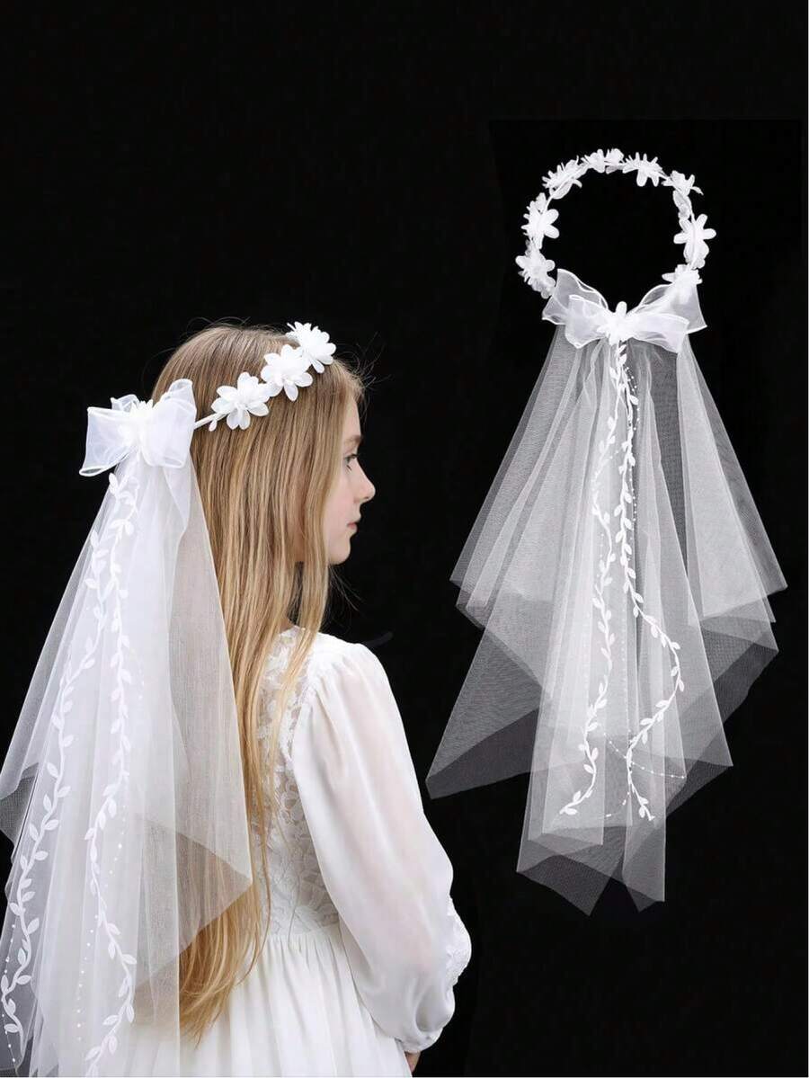 1 chiếc băng đô cài tóc dự lễ Rước lễ lần đầu cho bé gái, băng đô hoa trắng, khăn che đầu cô dâu đính hoa và vòng ngọc trai, phù hợp cho bé gái. - trắng - Xem 1