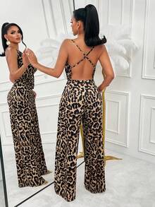 AIJ Bộ jumpsuit dáng chữ H họa tiết da báo của Amarilo dành cho nữ - Thiết kế dây mảnh hở lưng, eo ôm sát, trang phục thường ngày cho kỳ nghỉ, mùa xuân/hè. - màu nâu - Xem 2