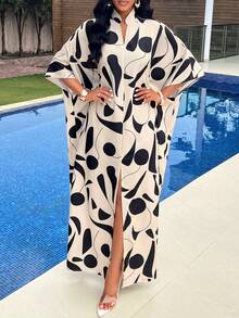 AIJ Amarilo 女士夏季抽象印花长裙 - 优雅蝙蝠袖长袍，休闲宽松长裙，适合海滩、度假和日常穿着，春季款 - 杏色 - 查看 6