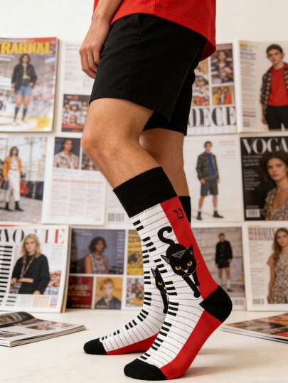 1 Pair Unisex Cute Piano Cat Design Casual Socks, Suitable For Spring/Summer, Versatile For Indoor And Outdoor Wear