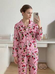 Disney 2件套卡通印花荷叶边领休闲长袖裤女式睡衣套装 - 粉色 - 查看 5