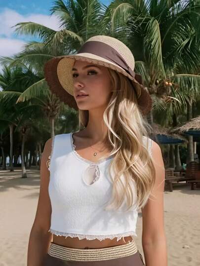 New Straw Hat - Spring And Summer Women's Style - Beach Vibe - Wide Brim Design - Outdoor Sun Hat - Foldable Straw Hat For Leisure And Vacation With Sun Protection