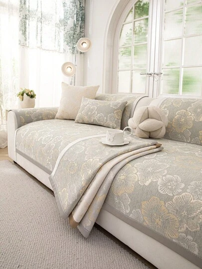 1件雪尼尔花卉图案沙发靠垫，奢华防滑，宠物友好型沙发套，四季皆宜，适用于客厅和卧室装饰