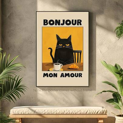 1 Póster de arte de desayuno con gato negro - "Bonjour Mon Amour" Decoración de pared estilo vintage, impresión en lienzo sin marco, adecuado para cocina, comedor o dormitorio, patrón de gato con tema francés, tonos cálidos, decoración de dormitorio | Arte contemporáneo | Obra de arte sin marco, decoración de gato